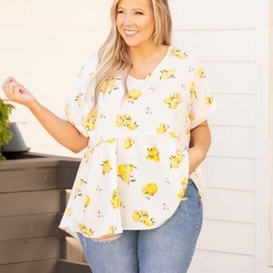Chic Soul White Lemon Print V-Neck Babydoll Blouse